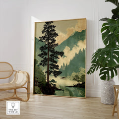 Framed Japanese woodblock landscape art print in modern living room with chair and plant