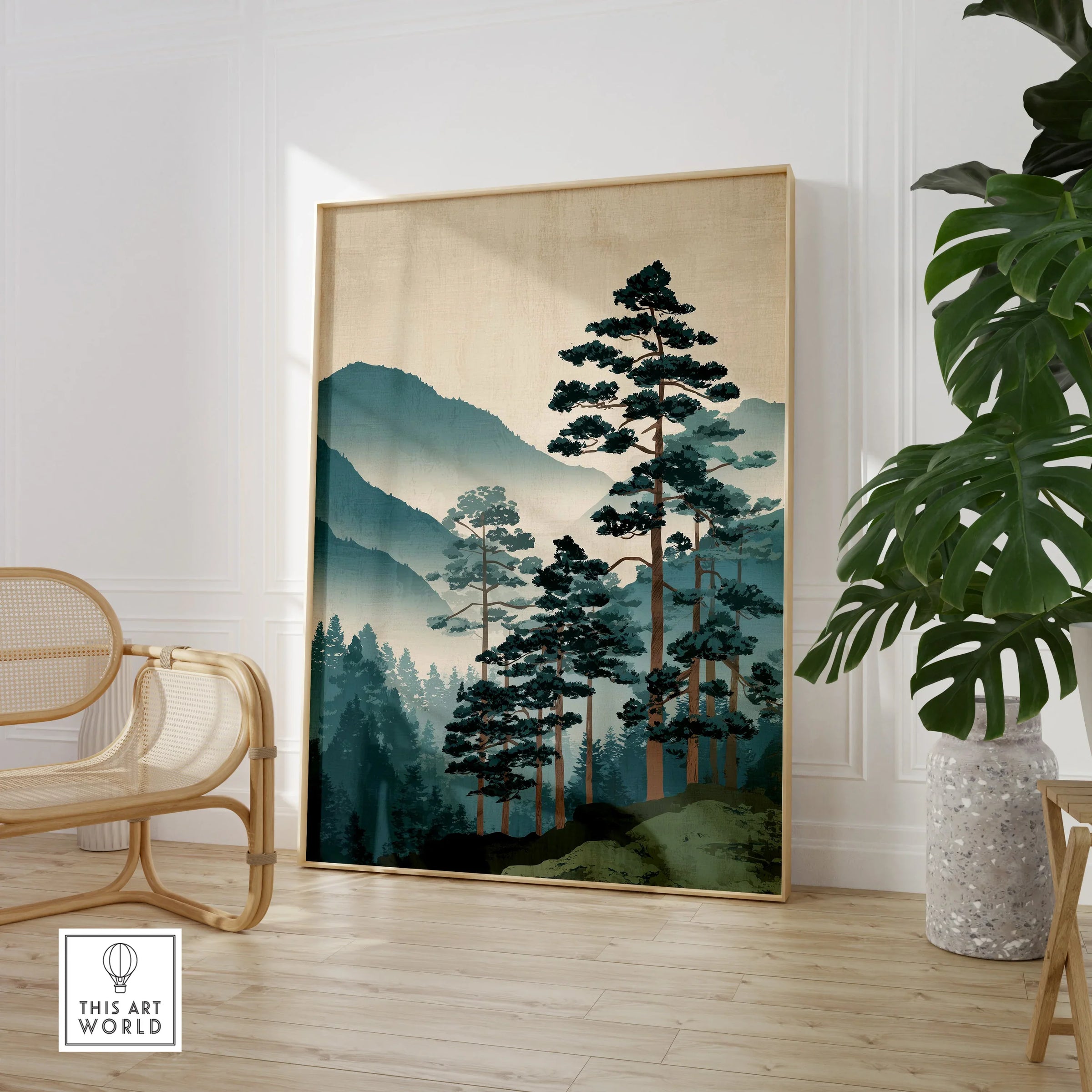 Framed Japanese woodblock landscape print with pine trees and mountains in a modern room