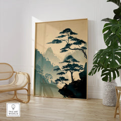 Framed Japanese woodblock print landscape poster in modern room with chair and plant