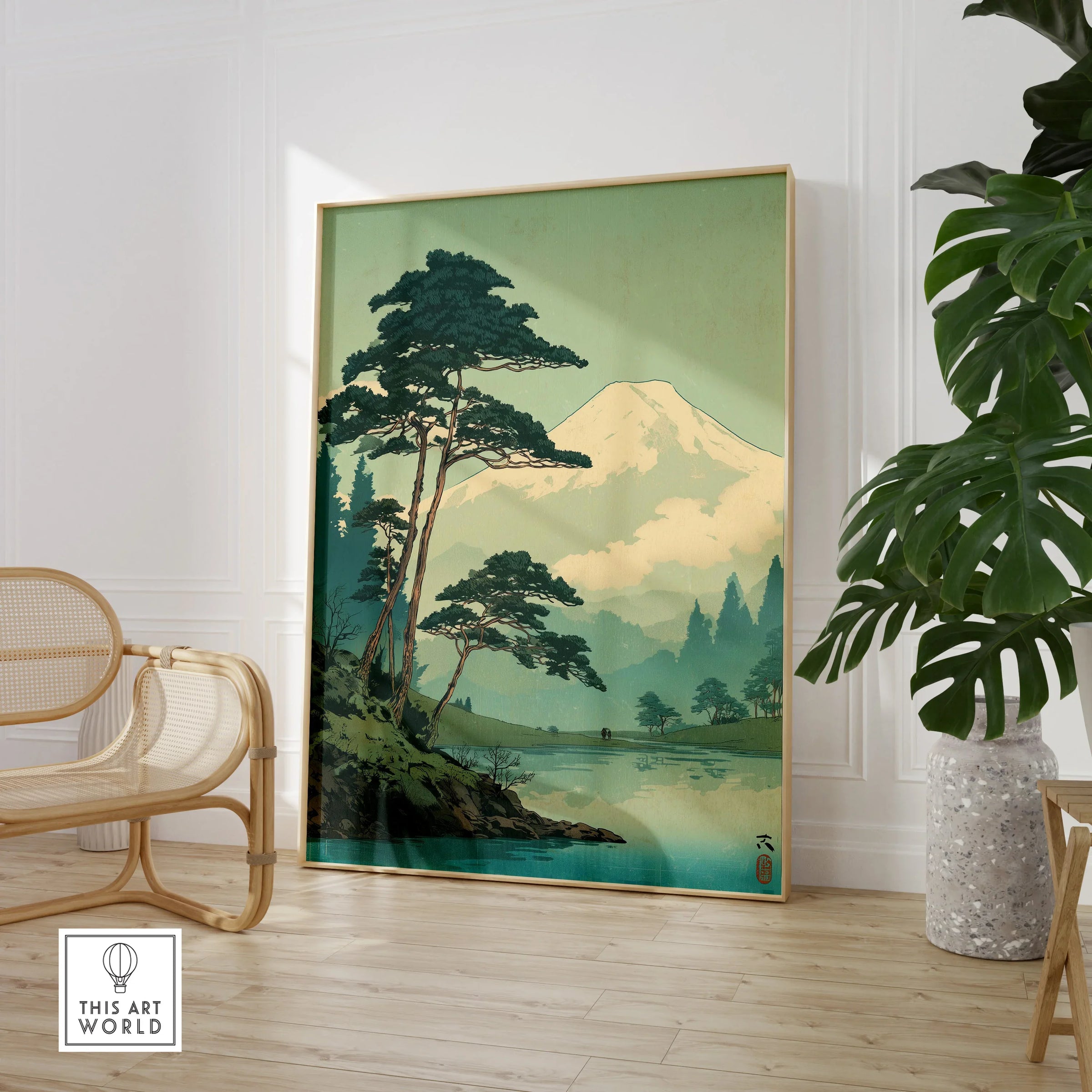 Framed Japanese landscape wall art print with trees and mountain in modern living room
