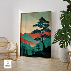 Japanese woodblock style mountain landscape print in modern living room with chair and plant