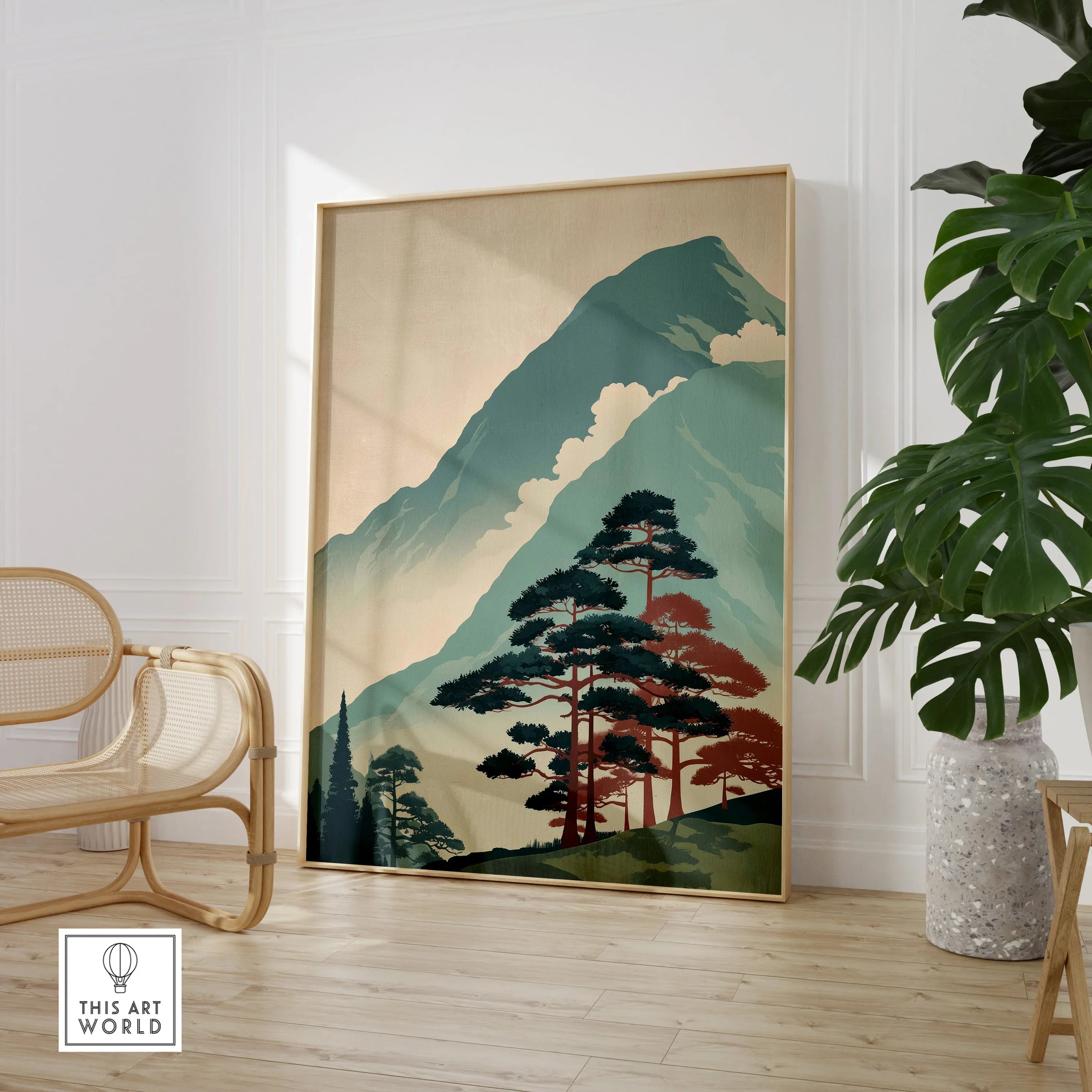 Framed Japanese woodblock-style mountain print in modern living room with chair and plant