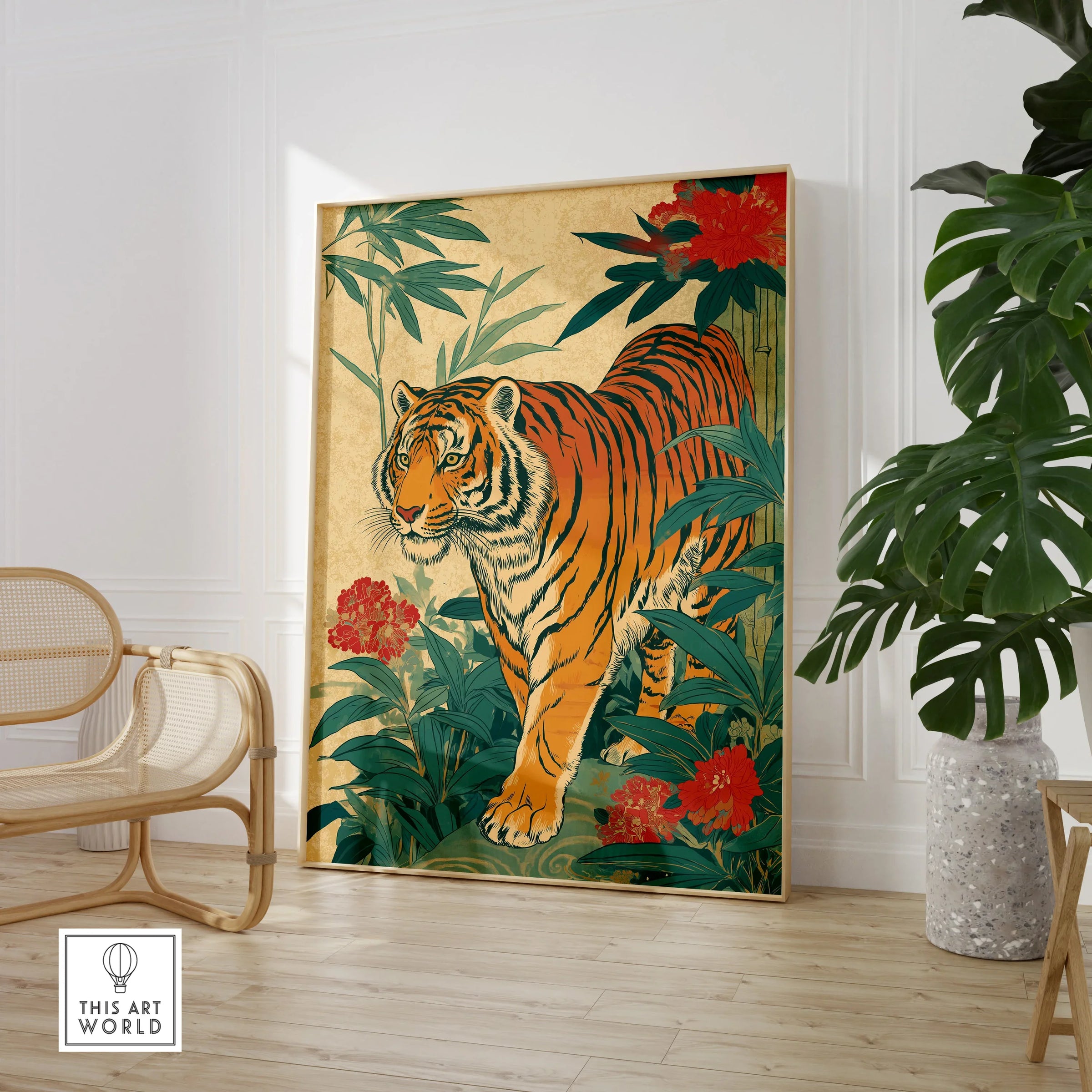 Framed Japanese tiger art print with florals, displayed in modern room with chair and plant