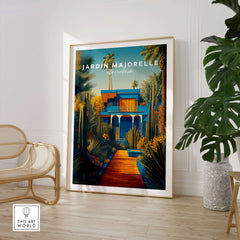 Jardim Majorelle Marrakesh Wall Art Print | Moroccan Blue Garden Travel Posters in stylish interior setting.