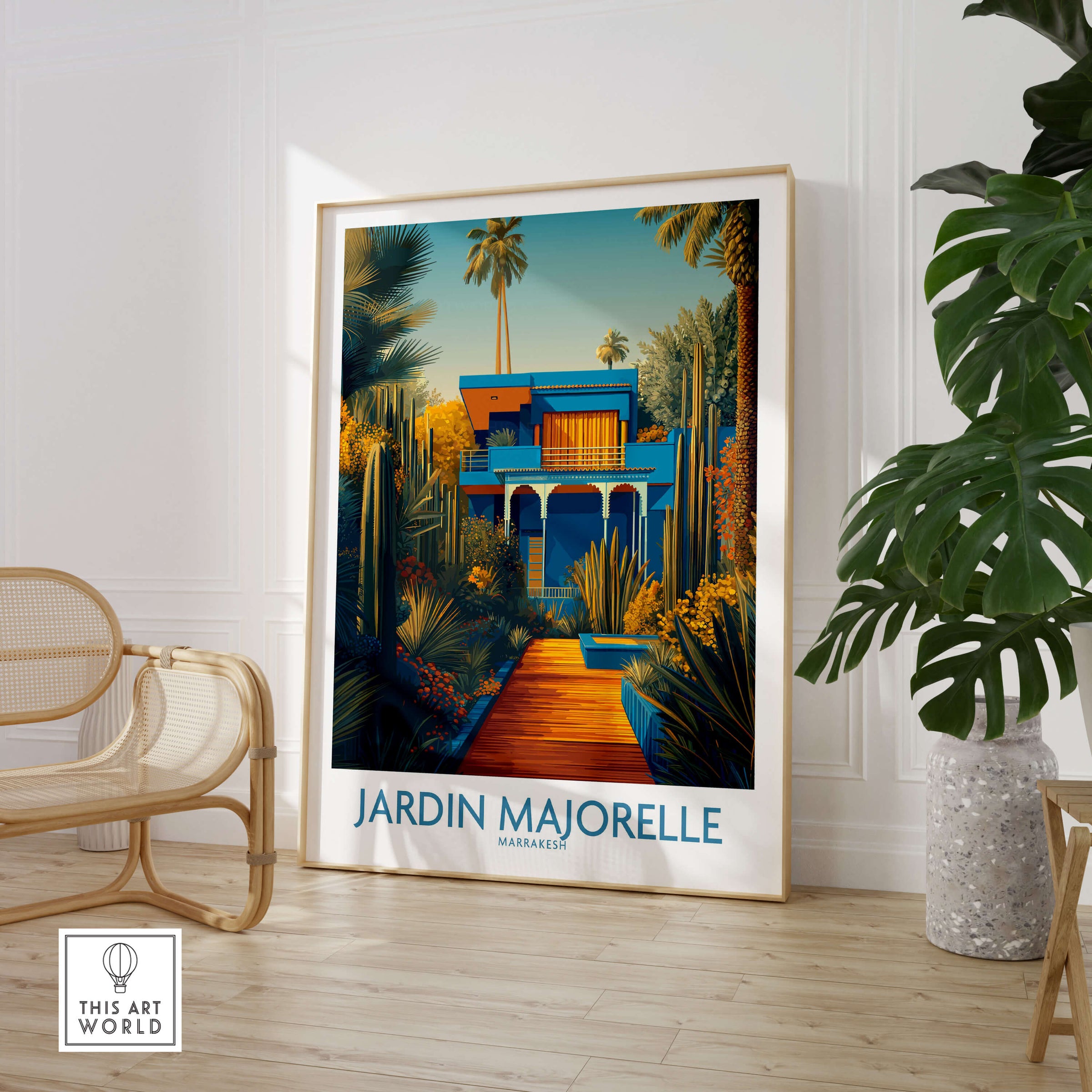 Jardim Majorelle Marrakesh Posters | Vibrant Architecture & Palms Canvas Print in a stylish interior setting.