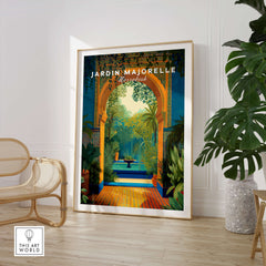 Jardim Majorelle Marrakesh Travel Posters | Moroccan Archway Garden Wall Art Print in a stylish interior setting.