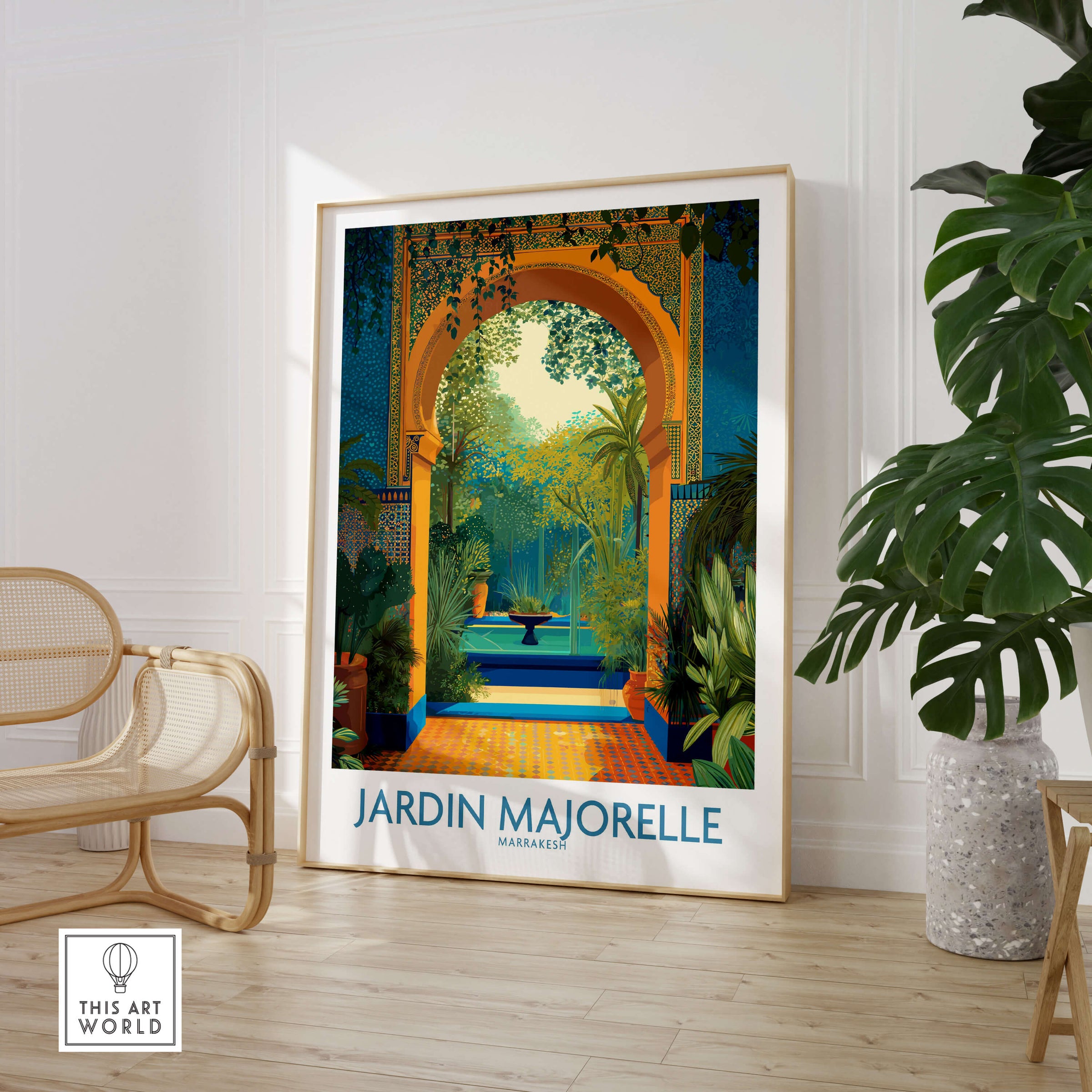 Jardim Majorelle Marrakesh Canvas Print | Tropical Oasis Landscape Poster displayed in a stylish interior with plants.