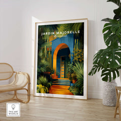 Jardim Majorelle Marrakesh Wall Art Print | Botanical Moroccan Villa Travel Poster in a stylish interior setting.