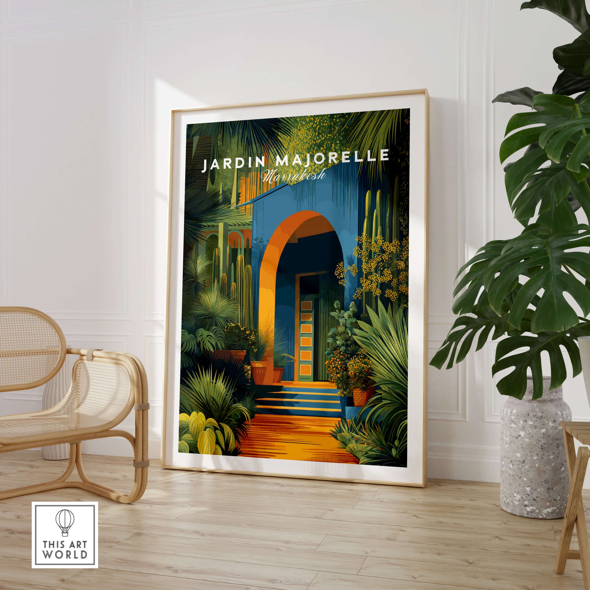 Jardim Majorelle Marrakesh Wall Art Print | Botanical Moroccan Villa Travel Poster in a stylish interior setting.