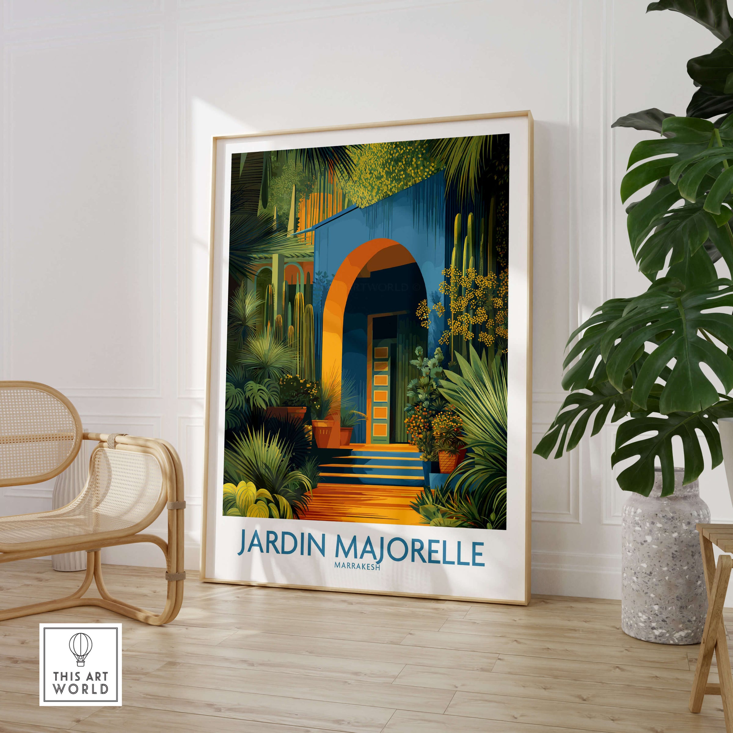 Jardim Majorelle Marrakesh Posters | Canvas Print featuring a vibrant garden artwork in a stylish interior setting.