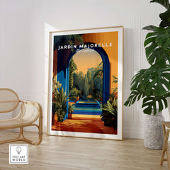 Jardim Majorelle Marrakesh Travel Posters | Garden Fountain Scene Wall Art Print in a stylish interior setting