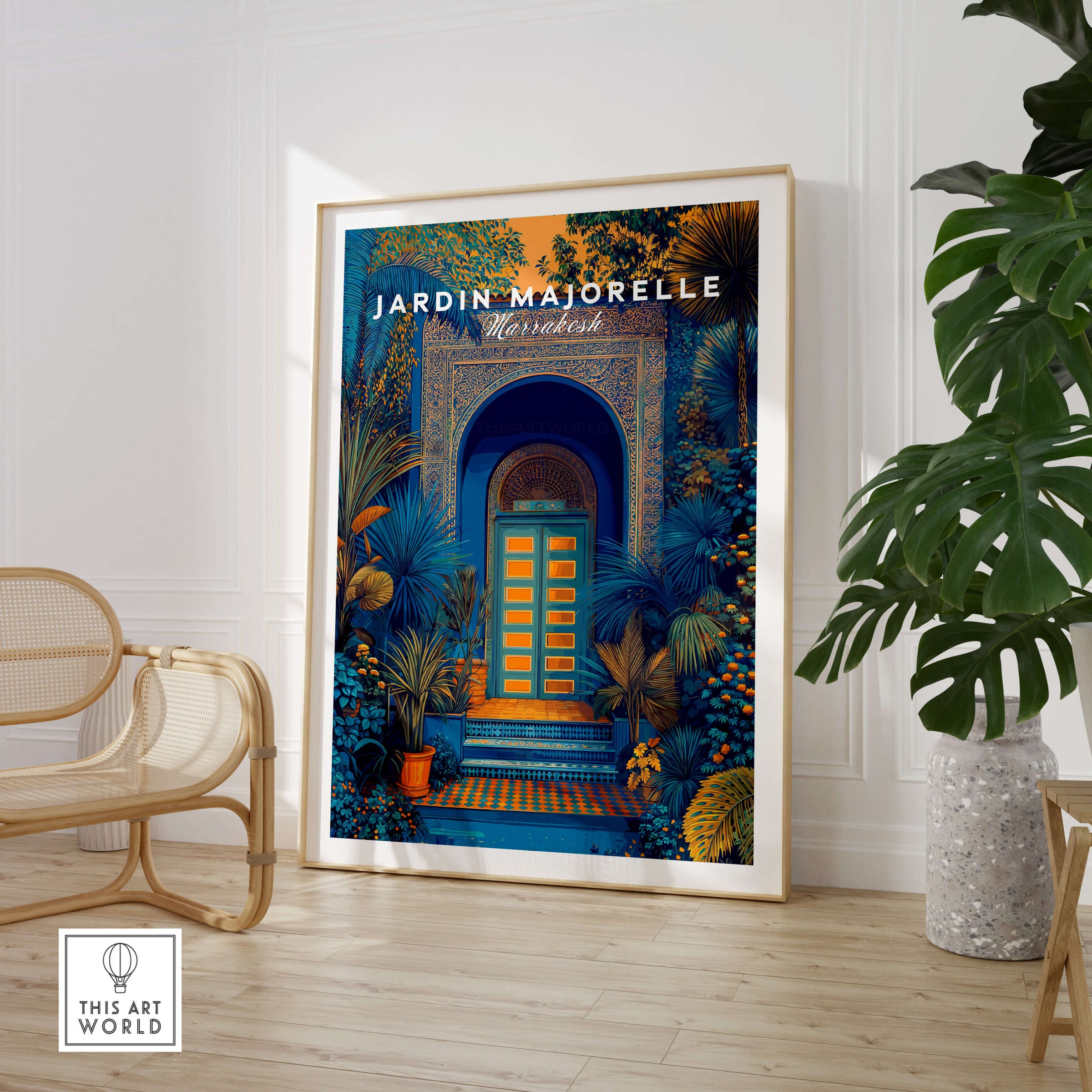 Jardim Majorelle Marrakesh Wall Art Print | Ornate Moroccan Doorway Travel Posters in elegant interior setting.