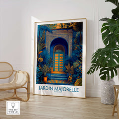 Jardim Majorelle Marrakesh Posters | Detailed Blue Architecture Canvas Print displayed in a modern room setting.