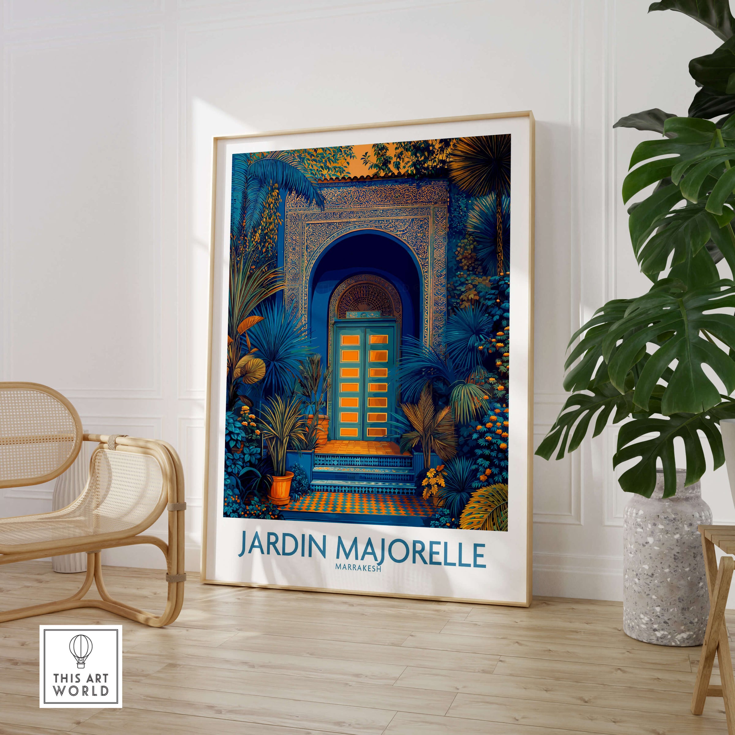 Jardim Majorelle Marrakesh Posters | Detailed Blue Architecture Canvas Print displayed in a modern room setting.