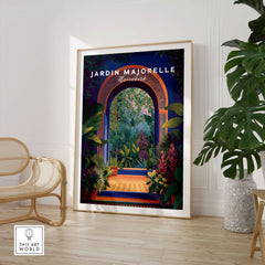 Jardim Majorelle Marrakesh Travel Poster | Lush Tropical Garden Wall Art Print showcasing vibrant plants and foliage.