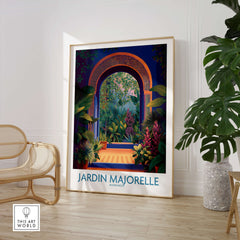 Jardim Majorelle Marrakesh Canvas Print | Colorful Moroccan Landscape Poster displayed in a stylish interior.