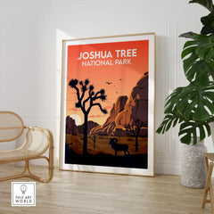 Framed Joshua Tree National Park print in modern room with chair and potted plant