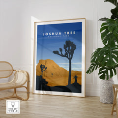 Joshua Tree National Park travel poster framed, modern living room decor with chair and plant