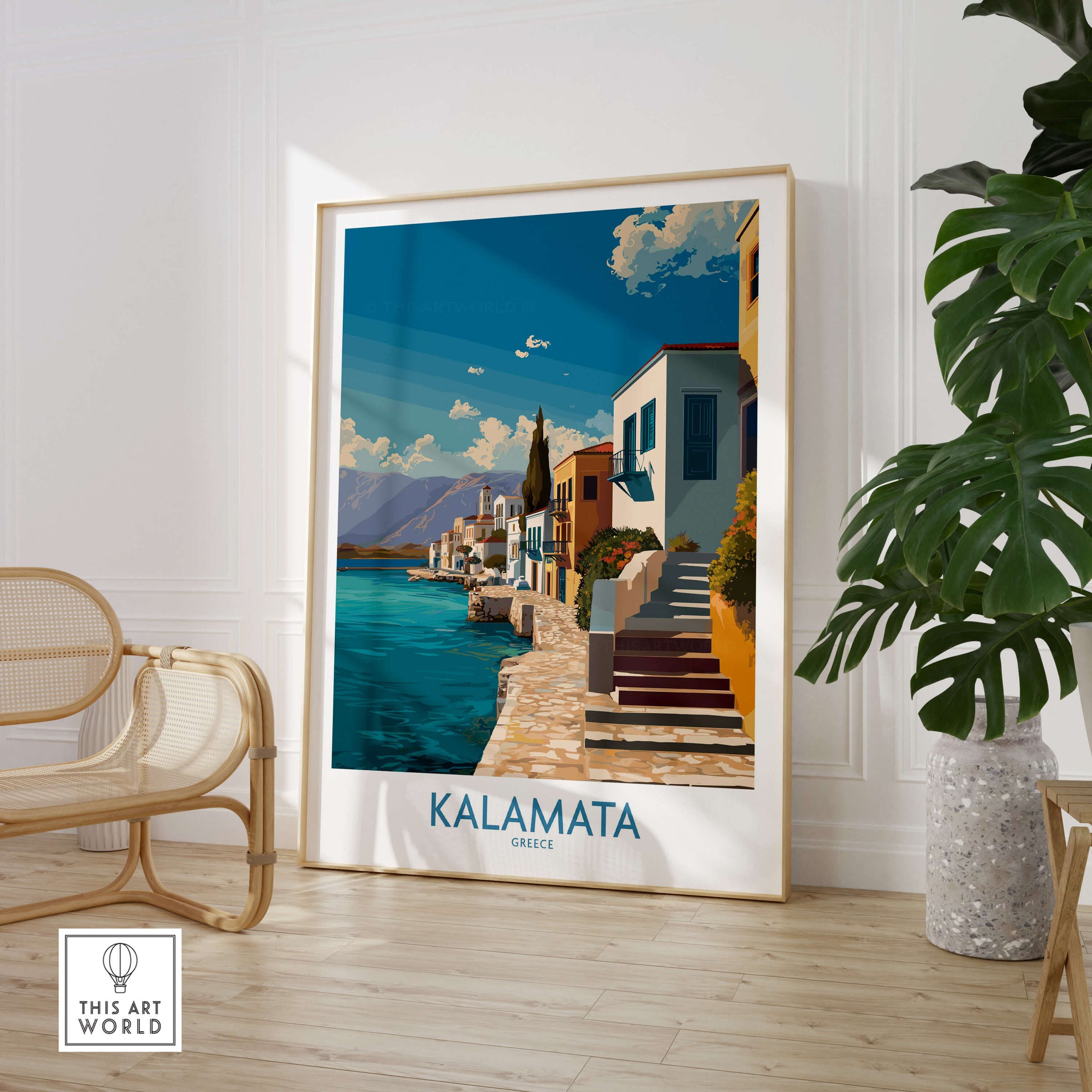 Kalamata Greece Poster | Greek Coastal Canvas Print showcasing a beautiful coastal view and traditional architecture.