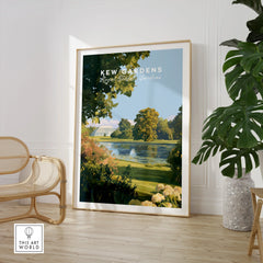 Framed Kew Gardens travel poster print in stylish room with chair and indoor plant