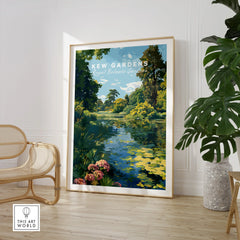 Framed Kew Gardens travel poster with botanical illustration in modern living room decor.