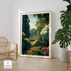 Kew Gardens botanical art print in modern room with chair and leafy plant