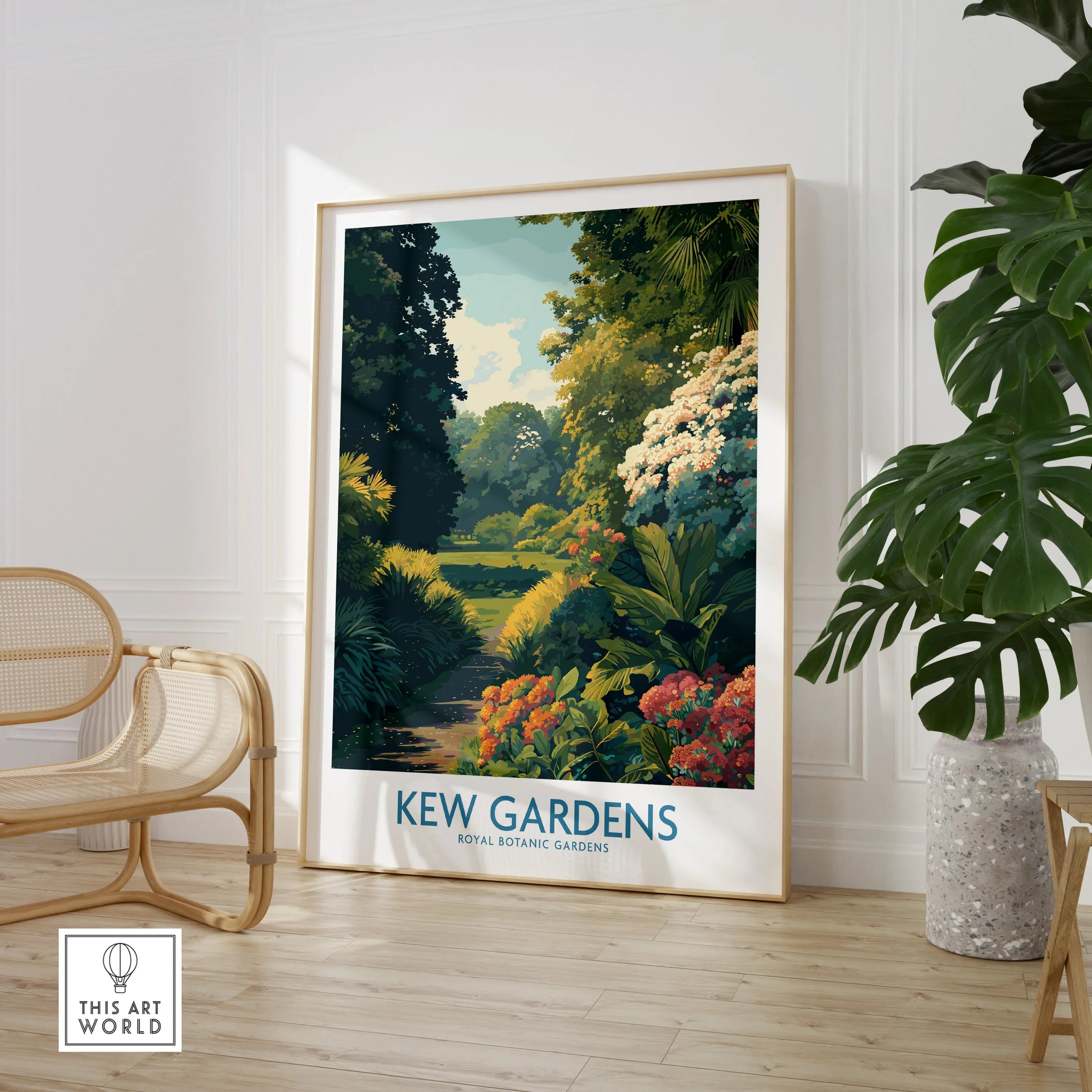 Framed Kew Gardens travel poster in stylish room with chair and large green plant