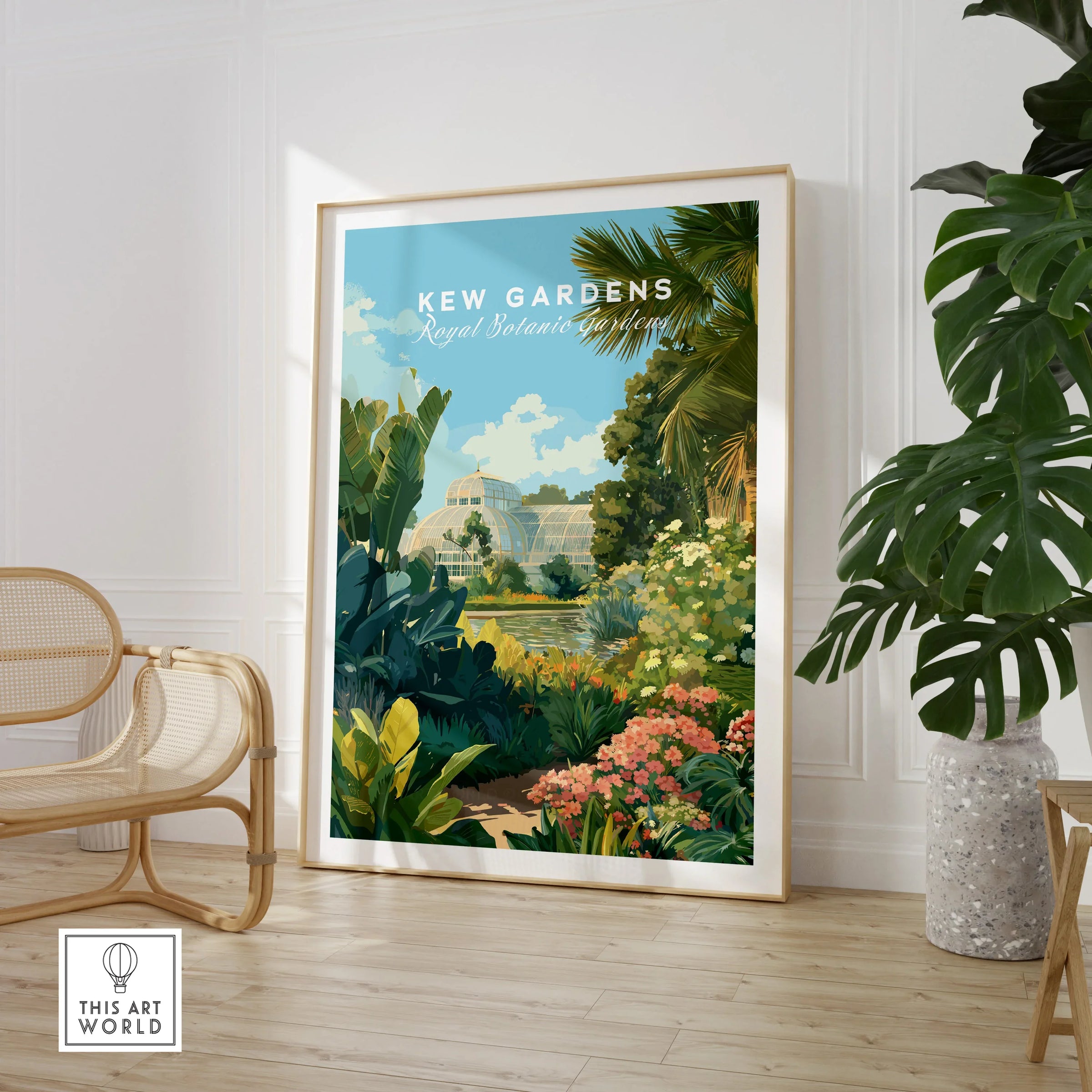Framed Kew Gardens travel poster with glasshouse, tropical plants, and flowers in modern room