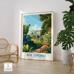 Framed Kew Gardens art print in modern living room with chair and potted plant