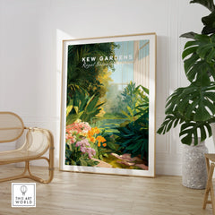 Large Kew Gardens botanical print in modern room with chair and potted plant
