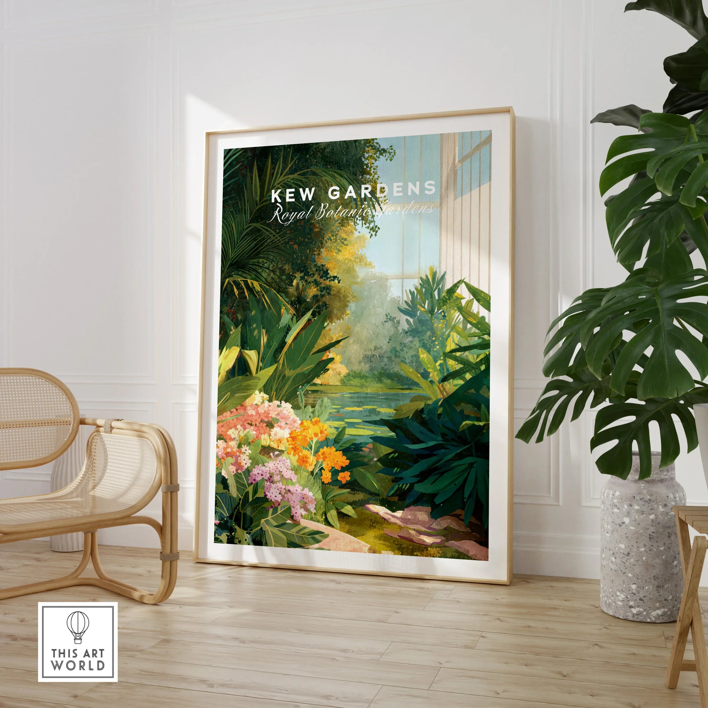 Large Kew Gardens botanical print in modern room with chair and potted plant