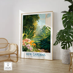 Framed Kew Gardens botanical art print in modern room with chair and potted plant