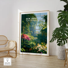 Framed Kew Gardens botanical art print in modern room with chair and large plant
