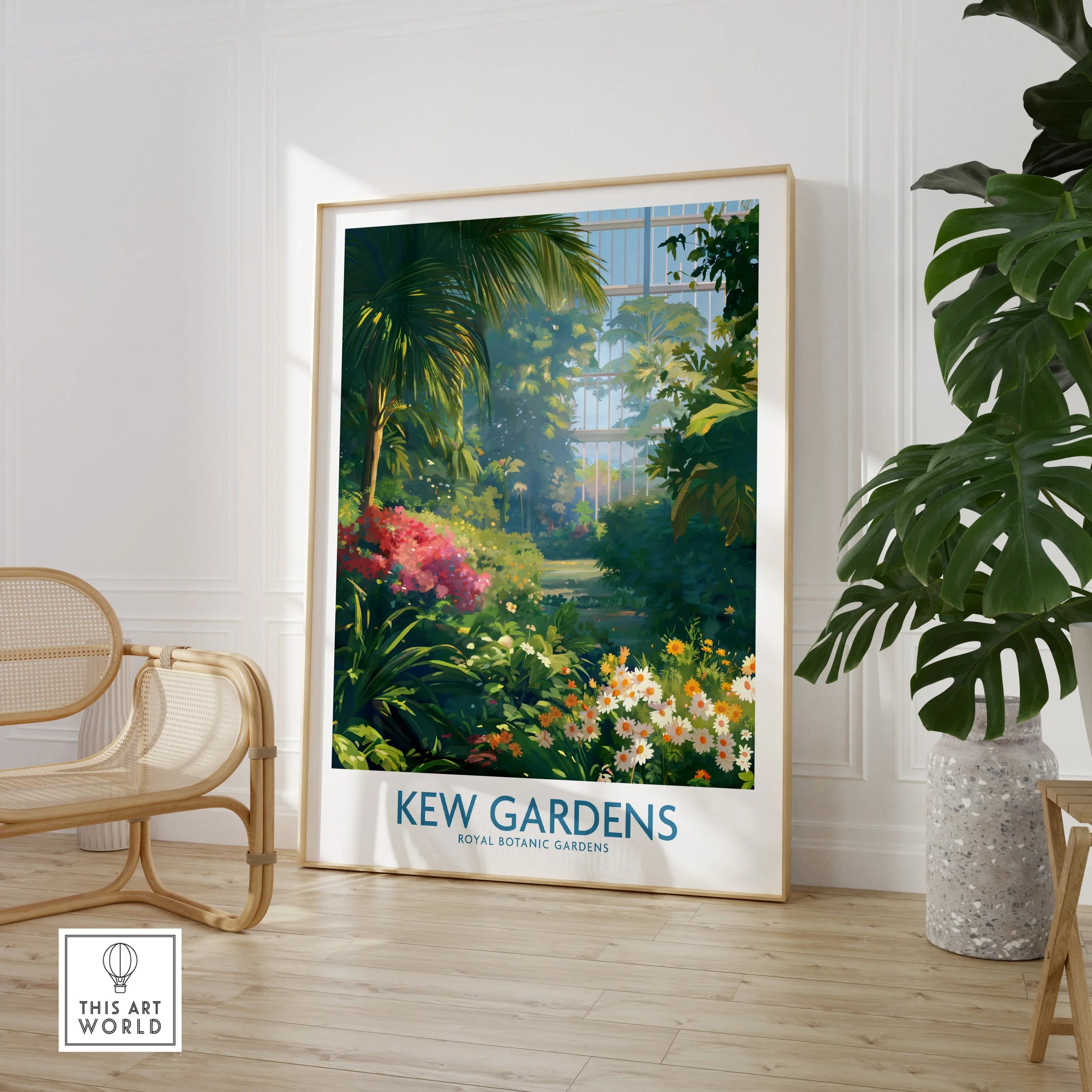Kew Gardens botanical art print in modern room with chair and plant decor