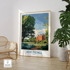 Framed Kew Palace London travel poster in modern room with chair and indoor plant