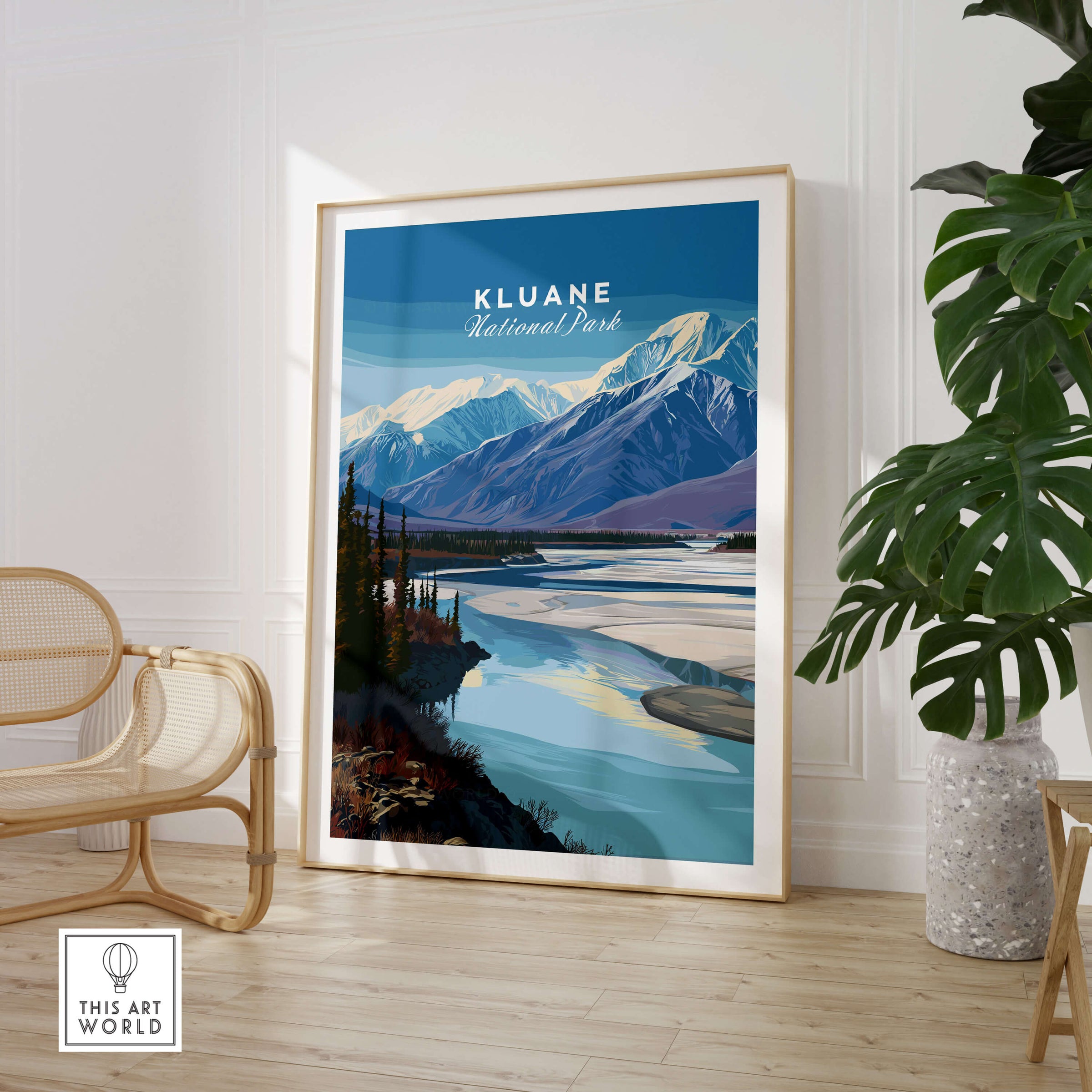 Kluane National Park Canada Wall Art Print | Scenic Yukon River Travel Poster in a modern interior setting