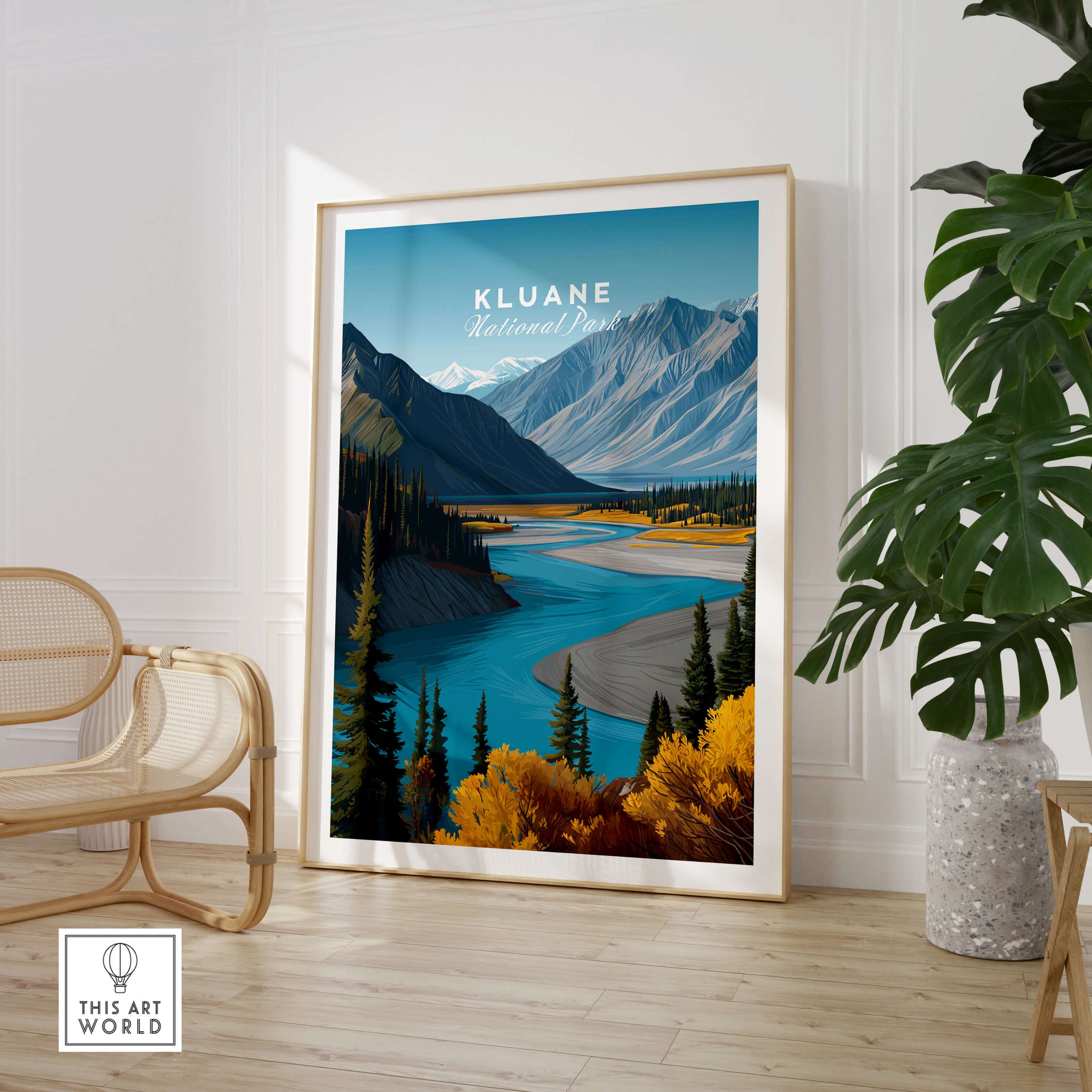 Kluane National Park Canada Travel Poster | Wild Yukon River Path Wall Art Print displayed in a modern living room.