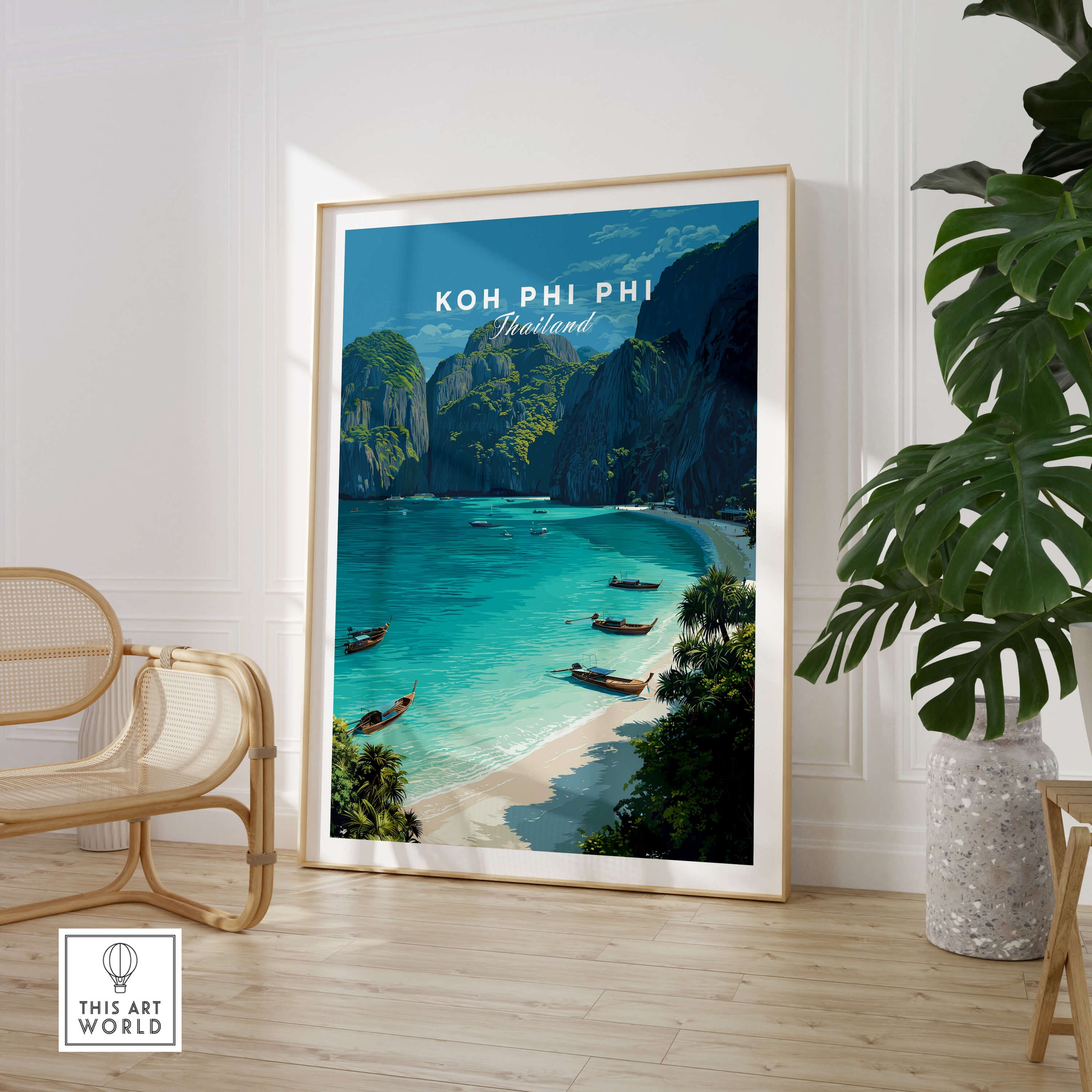 Koh Phi Phi Thailand Travel Poster | Maya Bay Tropical Beach Wall Art Print featuring a stunning view of tropical shores.