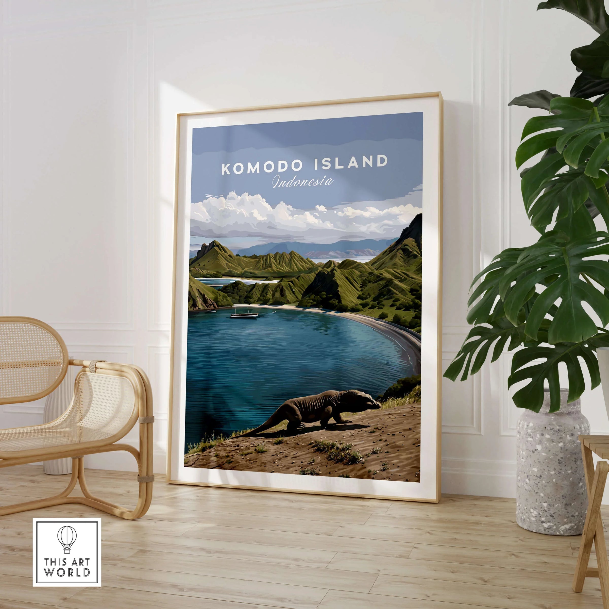Komodo Island Indonesia travel poster framed on floor, modern room with chair and plant