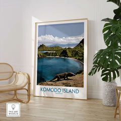 Komodo Island framed travel poster in modern room with chair and green plant