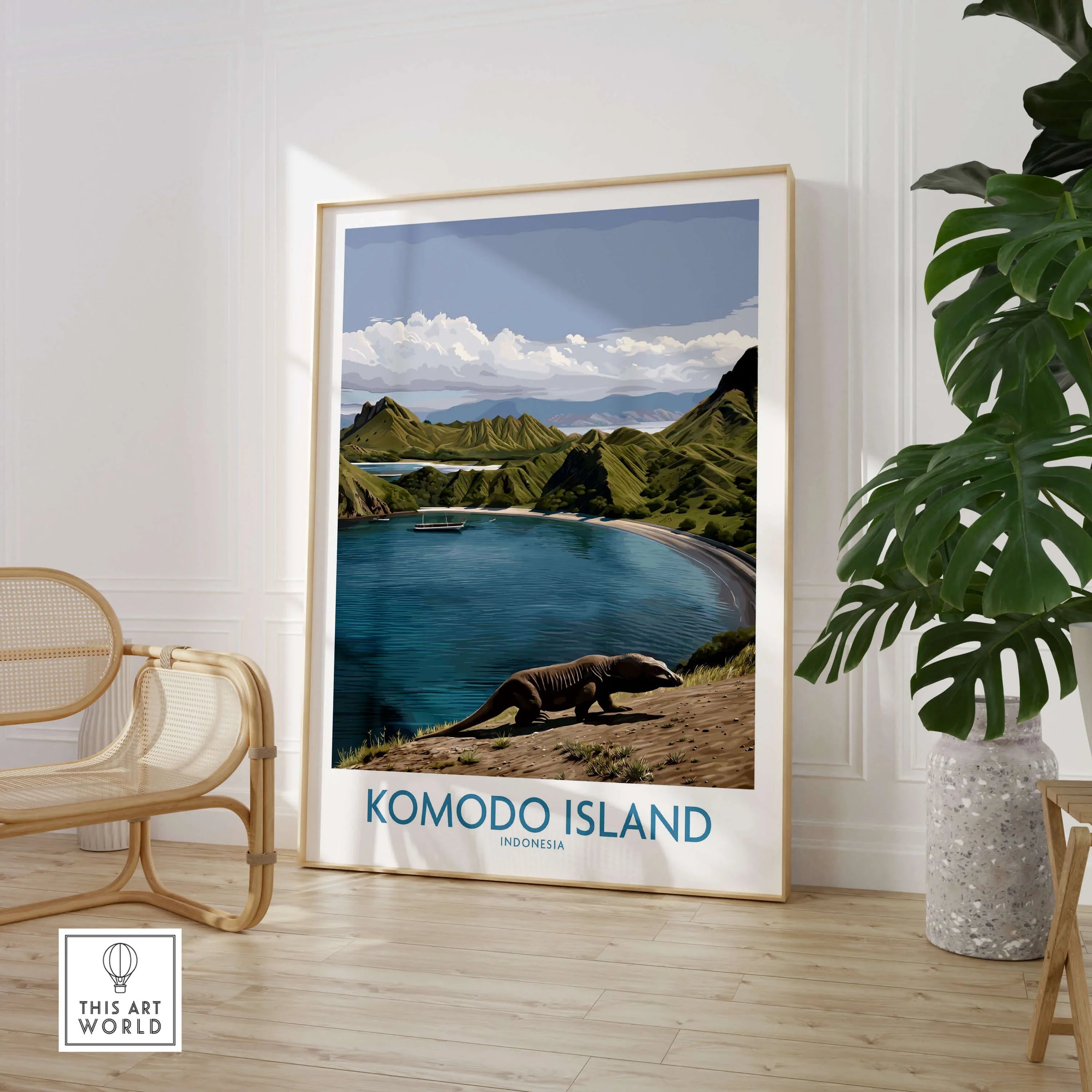 Komodo Island framed travel poster in modern room with chair and green plant
