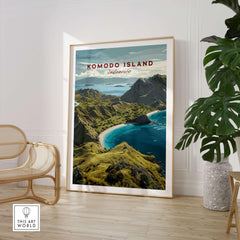 Komodo Island travel poster in modern living room with chair and potted plant