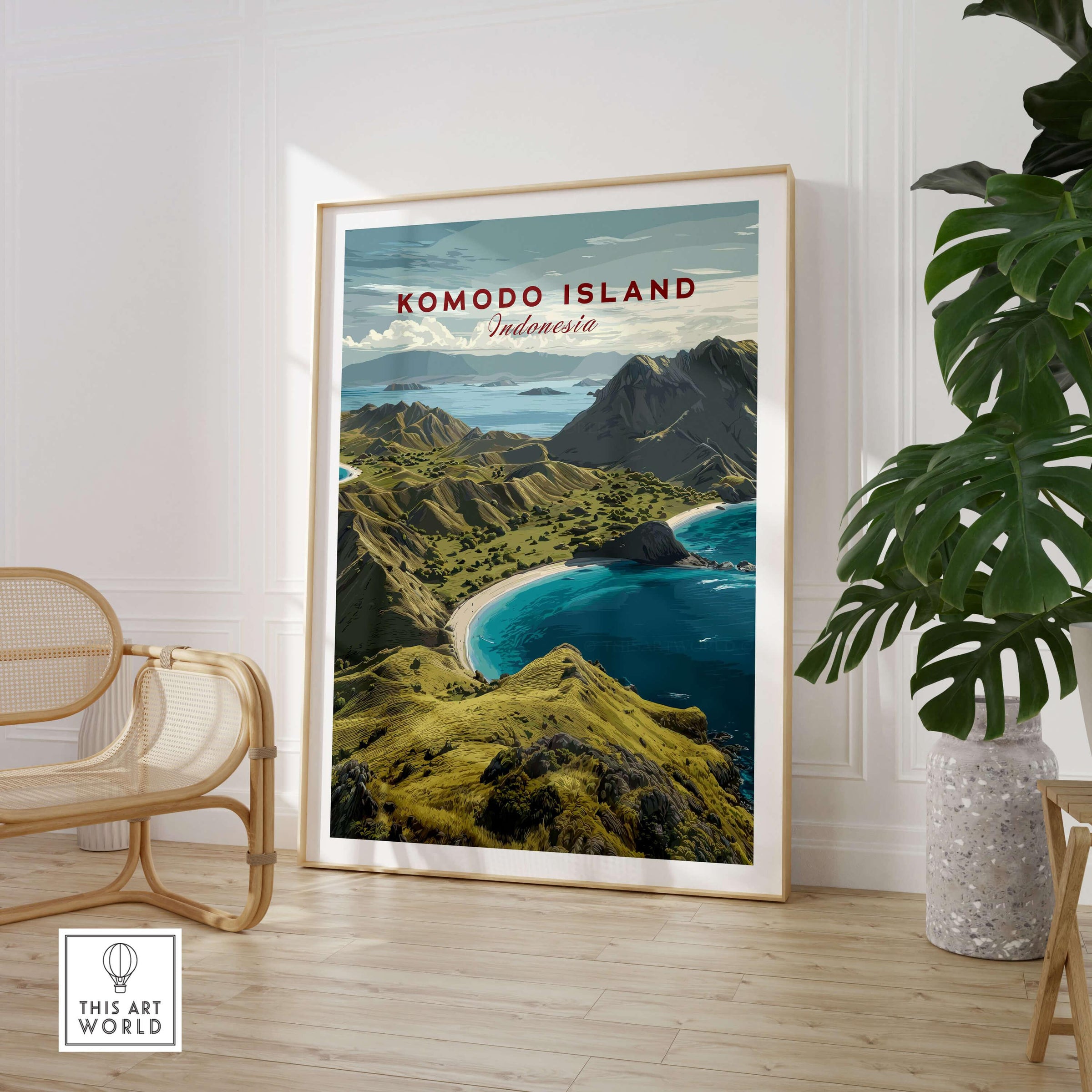 Komodo Island travel poster in modern living room with chair and potted plant