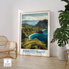 Framed Komodo Island travel poster in modern room with rattan chair and green plant