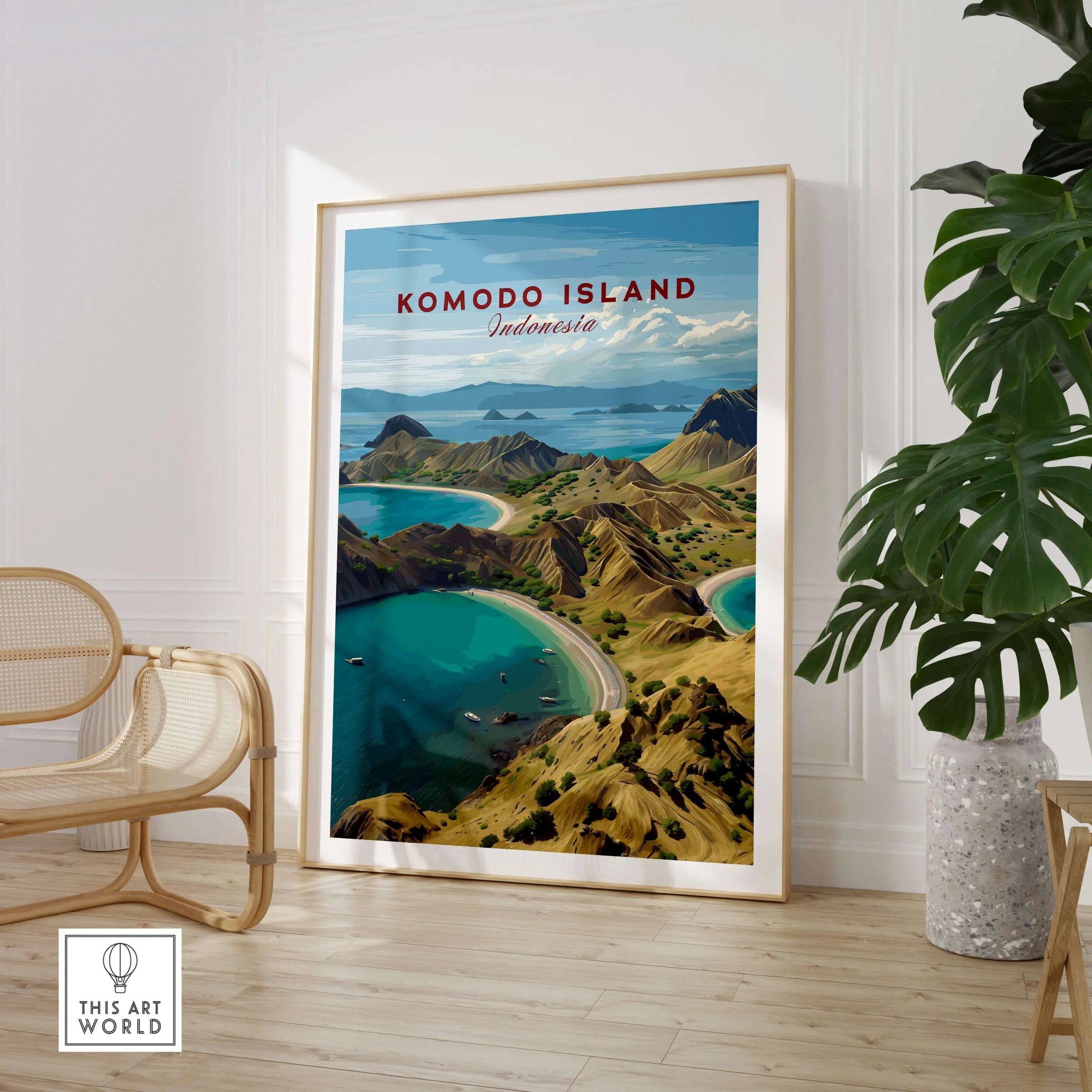 Komodo Island Indonesia travel poster framed in modern room with chair and green plant