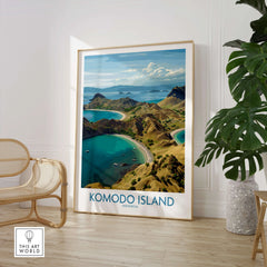Komodo Island travel poster framed in modern room with indoor plant and chair