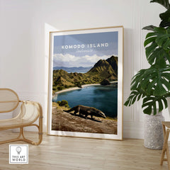 Framed Komodo Island travel poster print in modern room with chair and potted plant