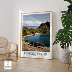 Framed Komodo Island travel poster with Komodo dragon and coastal landscape in modern room decor