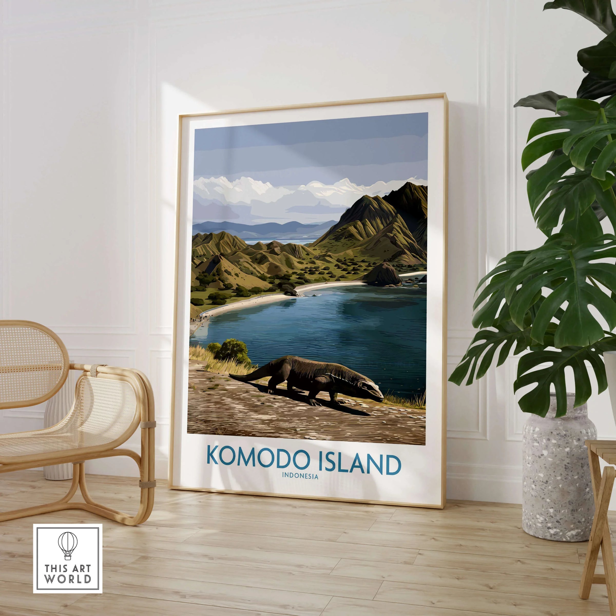 Framed Komodo Island travel poster with Komodo dragon and coastal landscape in modern room decor