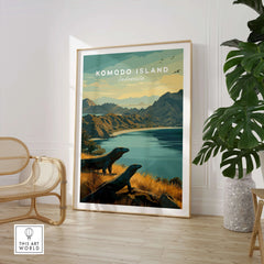 Komodo Island travel poster framed in modern room with chair and large plant